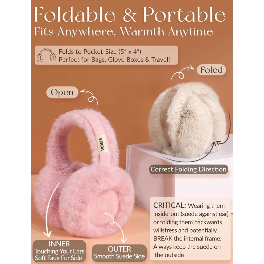 VEKDA Women's Pink Fuzzy Winter Ear Muffs Foldable Warmers Style Fashion - NWT
